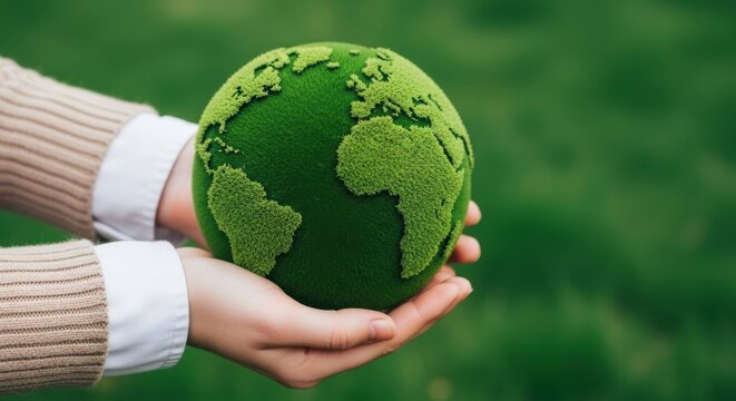 Hands cradling a green globe with grassy texture representing earth
