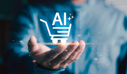 AI service agent and mobile online payment with businessman holding artificial intelligence shopping cart interface, map background, smart commerce, innovation, and automated customer service. © 0202supaporn_studio 