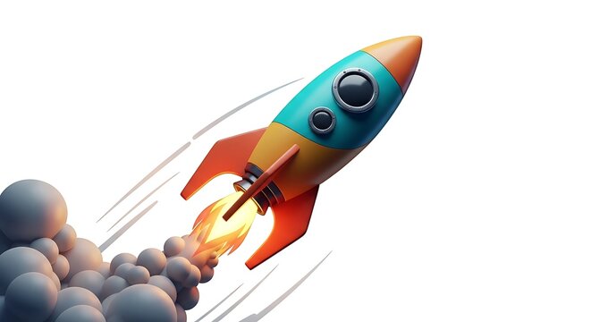 Rocket Ship Launching into Space with Flames and Smoke
