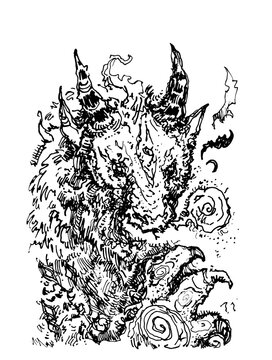 dragon, ink art, doodle drawing