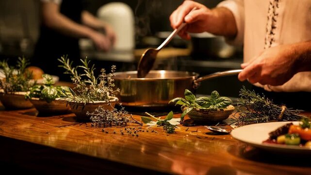 Medium shot of an intimate chefs table with focused soft lighting simmering sound effects and aromatic herbs enriching the gourmet experience.