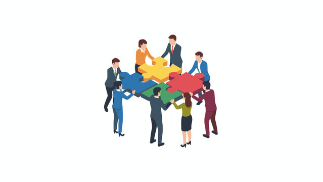 Business Team Connecting Jigsaw Puzzle Pieces Isometric Illustration
