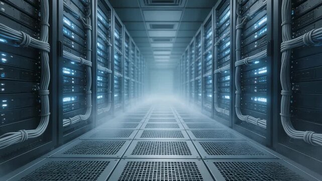 Cold aisle perspective in a commercial data center aisle emphasizing chilled airflow vents organized cabling and softly glowing server lights in the distance.