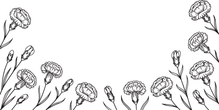 Floral border with carnation buds and flowers, elegant hand-drawn design, botanical illustration, vintage style decoration.