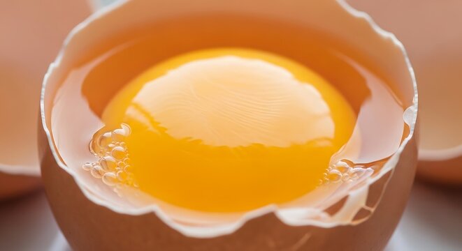 A close-up of a raw egg yolk in a cracked eggshell on a white surface