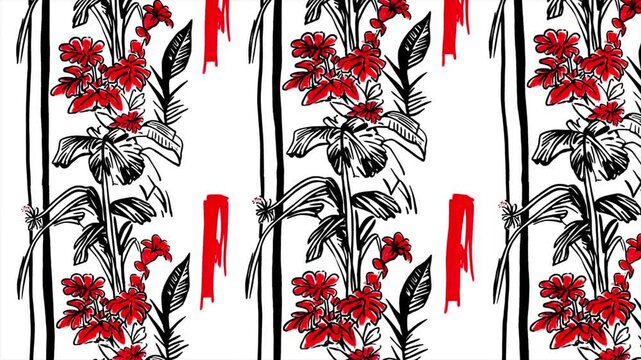 Hand drawn tropical leaves and red flowers travel horizontally across a white background forming a seamless tile loop for video background.