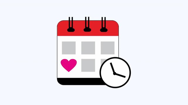 Calendar with a pink heart and a clock. Calendar design perfect for valentines day promotions and time sensitive events. Suitable for posters, social media graphics, or event advertisements.