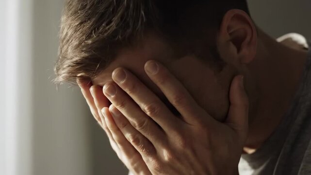 This captures a poignant moment of a man experiencing deep emotional pain, his face covered by his hands as he struggles with inner turmoil.