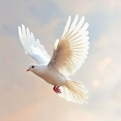 Fototapeta premium white dove flying, wings spread, soft sky background, realistic motion, serene atmosphere