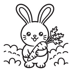 Fototapeta premium Cute cartoon bunny rabbit holding carrot, with small bushes, sweet animal character, vector outline illustration