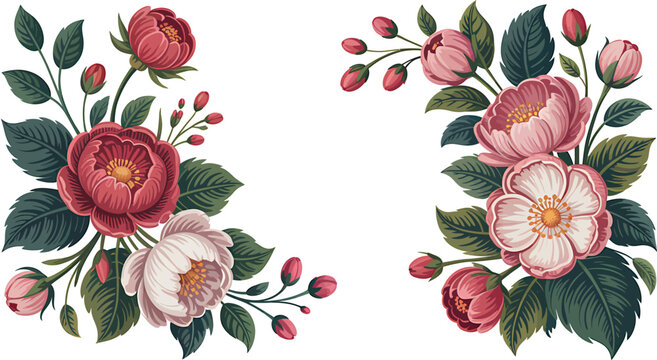 Vintage floral arrangement with peonies and roses vector illustration border ornate