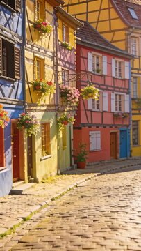 Vertical video: Starting cam panning revealing timbered houses on cobbled lane with window boxes