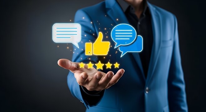 Man in blue suit holding hand with chat and stars chat speech bubbles thumbs up