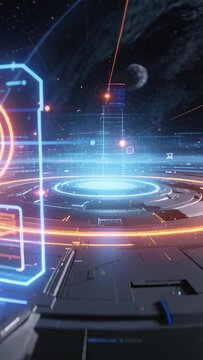 Vertical video: Powering orbital ring projecting holo column above planet nightside, mapping cities