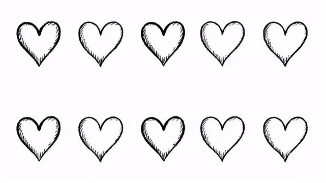 A charming collection of ten hand-drawn heart sketches, ideal for conveying heartfelt emotions, romantic sentiments, and decorative designs in various creative projects and expressions of love