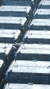 Vertical video: Panning drone surveying dense modular units at compound to inspect vents and LEDs