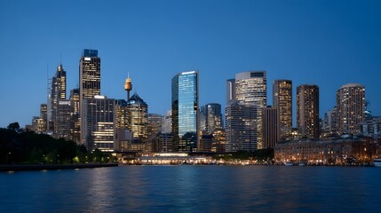 Obraz premium Expansive city skyline at dusk featuring towering illuminated skyscrapers reflecting in the tranquil waters below under a deep blue sky