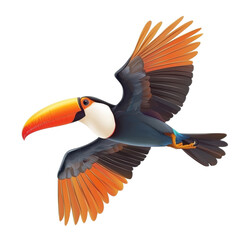 Obraz premium Colorful Toucan in Flight with Vibrant Orange Beak and Plumage