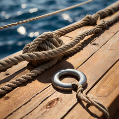 Obraz premium Nautical rope knot on a vintage wooden boat deck.