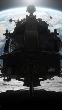 Vertical video: Camera pulling back and tilting showing lander shadow Earth to show space scale