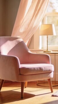 Vertical video: Window breeze lifting curtain and moving sunlight across pink chair for home decor