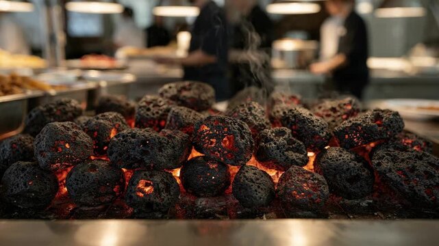 Lava rock grill under a buffet island sharp details of porous rocks heated glowing red contrasted with a blurred busy buffet line behind.