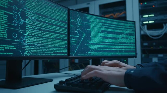 Focused view of a coders hand typing on keyboard blurred blockchain code logs streaming on dual screens behind in a server room setup.