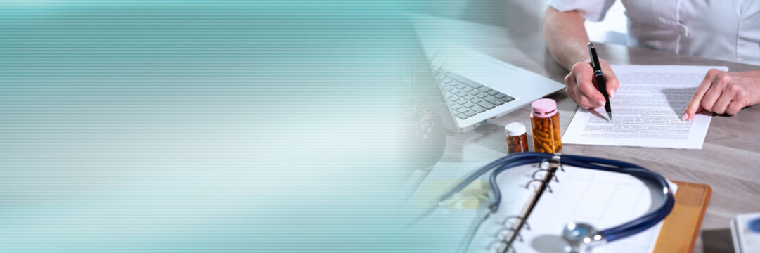 Female doctor reading medical report; panoramic banner