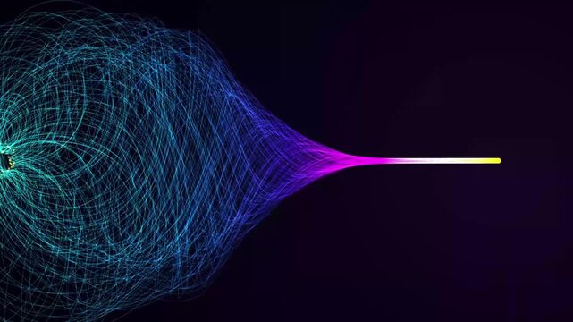 Dynamic digital data flow visualization: Particles transforming from broad network into focused energy stream in abstract dark space