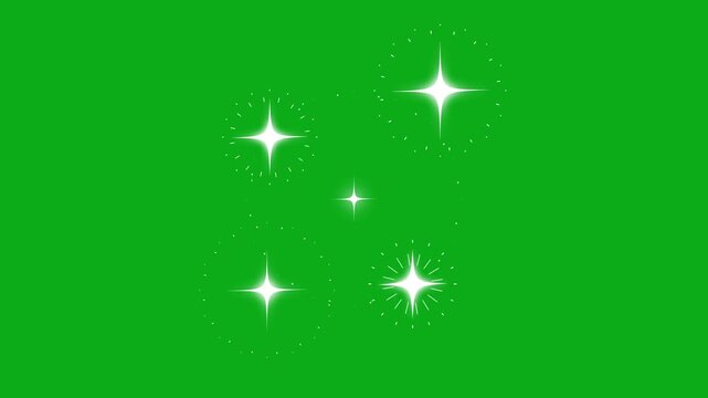 Cartoon twinkle star blinking shining starburst on green screen background. 4k blinking retro vector stars and line blast, twinkling starry night sky, looping