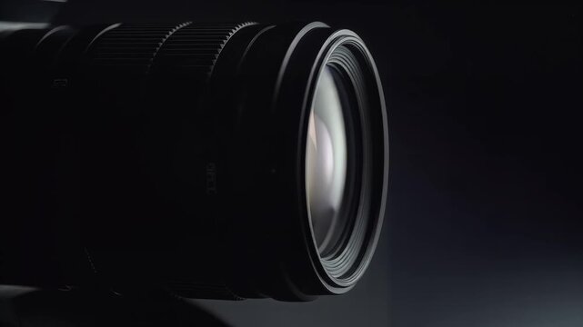 Camera lens, detailed close-up, rotating on dark background, cinematic lighting, symbolizing photography and videography.