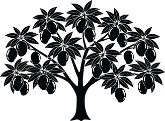 Stylized black and white mango tree illustration with abundant fruits and lush foliage, tropical agriculture design for botany, farming, food, nature, and decorative creative projects © MdFaruk