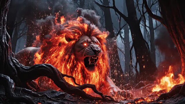 Fiery lion roars in dark forest rendered with digital art effects