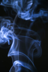 Fototapeta premium Delicate blue smoke swirling against a dark backdrop, creating an abstract and ethereal effect. The wisps of smoke dance and weave, forming intricate patterns