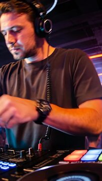 Adult male DJ cueing phones and adjusting mixer, LED meters tracing pads for keeping music levels