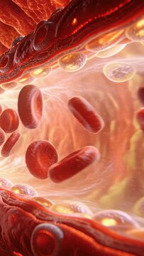 Vertical video: Drifting red blood cells carrying oxygen in lumen while camera panning, with lipids