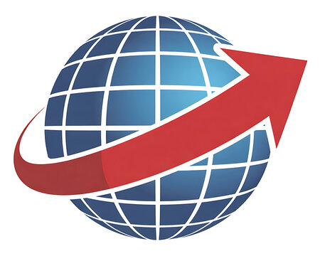Blue globe with white grid lines and red arrow wrapped around it going up