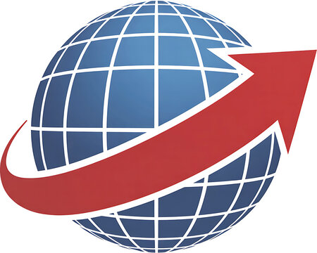 Blue globe with white grid lines and red arrow wrapped around it