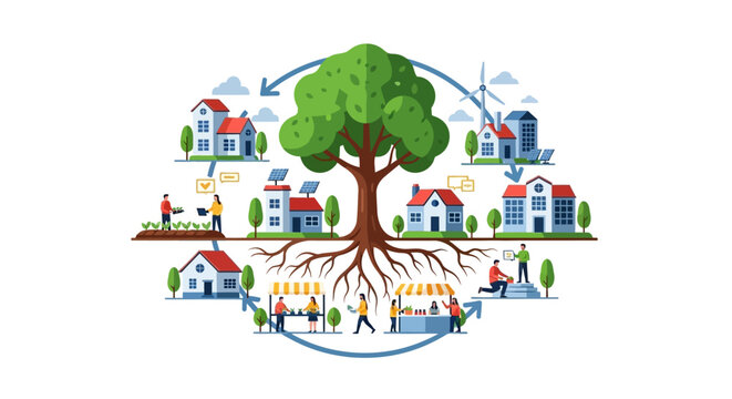 Sustainable Community Ecosystem: Interconnected Green Living, Local Economy & Renewable Energy Cycle