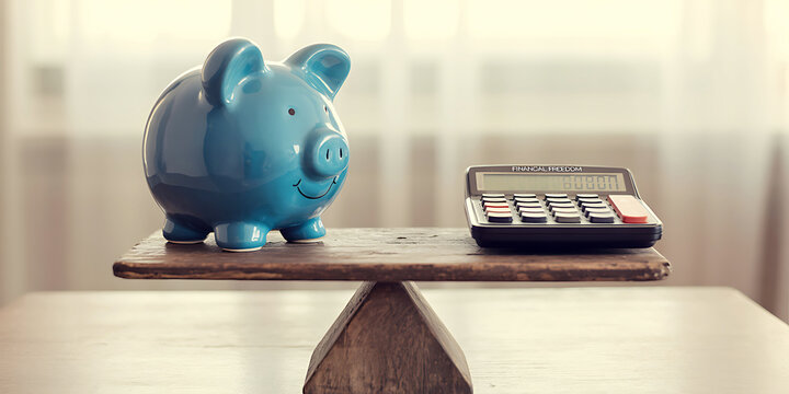 Blue piggy bank and calculator on wooden balance scale indoors  financial planning
