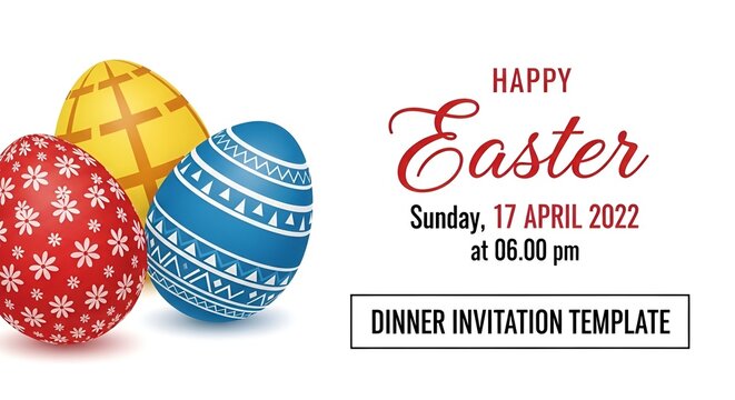 Happy Easter greeting card with three colorful eggs, applicable for website banner, corporate sign, greeting cards, invitation template, social media posts, ads campaign, Instagram feeds, advertising