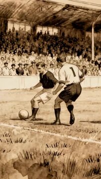 Vertical video: Male footballer 8 taking ball on flank, driving past defender toward goal to score