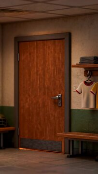 Vertical video: Wooden door swinging open and closing in sports locker while player grabbing helmet