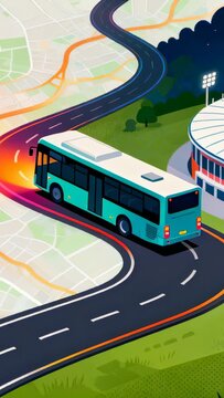 Vertical video: Map guiding teal bus following transit route, leaving neon trail near stadium