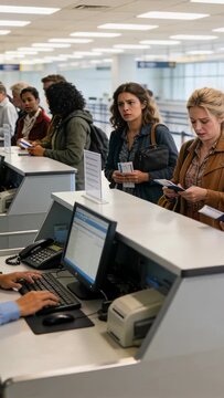 Two female travelers holding boarding passes at airport counter while agent typing and verifying