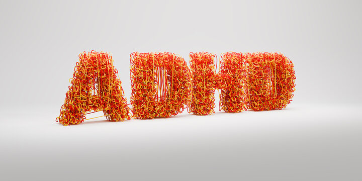 ADHD concept (Attention Deficit Hyperactivity Disorder) - the text ADHD composed of interwoven red and yellow threads symbolizing chaos and restlessness. Gray seamless background