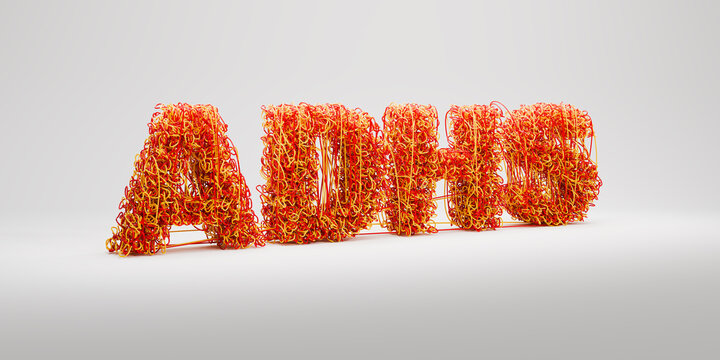 ADHS concept (German for ADHD: Aufmerksamkeitsdefizit-Hyperaktivit&auml;tsst&ouml;rung) - the text ADHS composed of interwoven red and yellow threads symbolizing chaos and restlessness. Gray seamless background