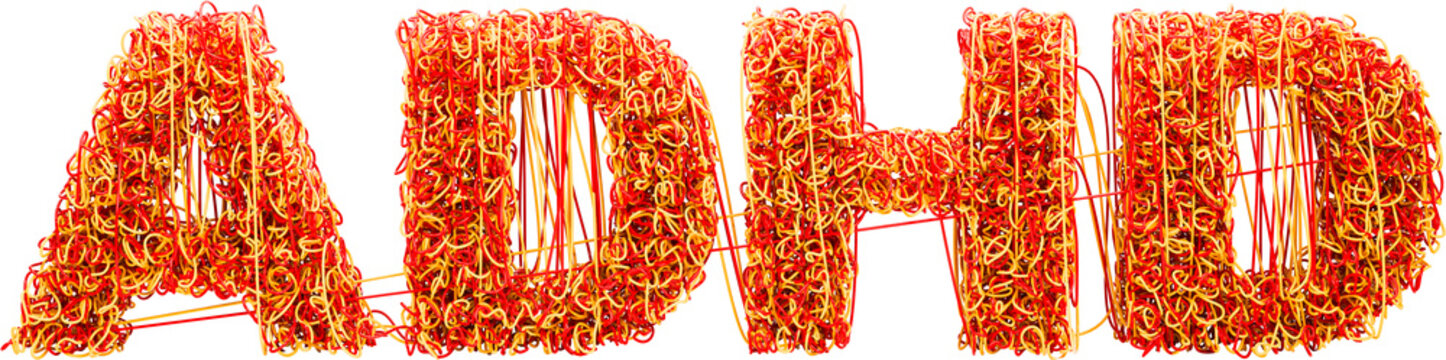 ADHD concept (Attention Deficit Hyperactivity Disorder) - the text ADHD composed of interwoven red and yellow threads symbolizing chaos and restlessness. Isolated on transparent background
