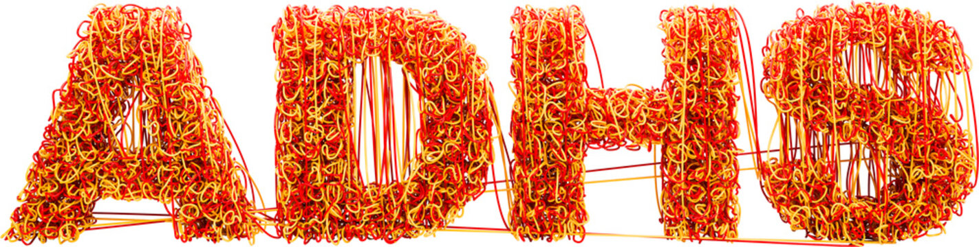 ADHS concept (German for ADHD: Aufmerksamkeitsdefizit-Hyperaktivit&auml;tsst&ouml;rung) - the text ADHS composed of interwoven red and yellow threads symbolizing chaos and restlessness. Isolated on transparent 