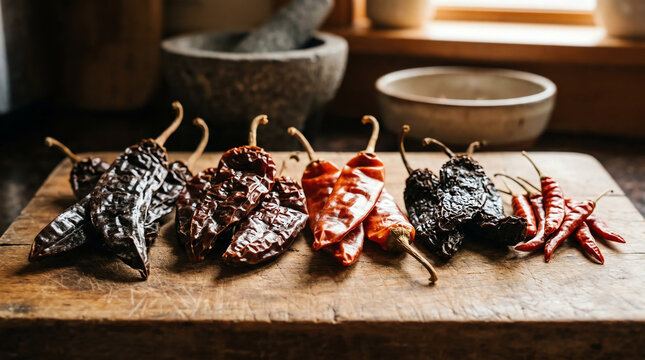 Dried chili pepper varieties including ancho guajillo and chipotle on wood